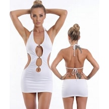 Fantezi Seksi Metal Tasarımlı Sırt Dekolteli Mini Elbise Hf1961329 Beyaz