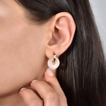 14 Ayar Altın Kaplama Gerçek Ve Doğal Donut Rose Quartz Taşlı Halka Küpe - Es00153 Altın