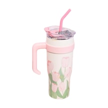 Diller 1200ml Pembe Lale Desenli Tumbler Pipetli/pipetsiz Kulplu Paslanmaz Çelik Termos 50 x 22