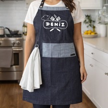 Bk Gift Kişiye Özel İsimli Pamuk Denim Havlu Detaylı Mutfak Önlüğü -1, Aşçı Ve Şef Önlüğü, Ev Hediyesi Kobitmeyencom36585 Bk Gift Renkli