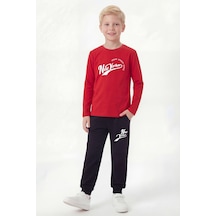 Panios Kids Yuvarlak Yaka Sweatshirt Paça Lastikli Eşofman Alt Baskılı Uzun Kollu Erkek Çocuk Alt Üst Takım Kırmızı