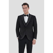 Sabri Özel Erkek Siyah Dar Kesim Slim Fit Viskon Şal Yaka Fleto Kapaklı Cep Çift Yırtmaçlı 6 Drop Smokin Takım Elbise