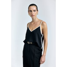 Sateen Kontrast Askılı Bluz - Siyah-137317