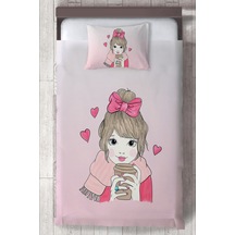 Bebek Ve Çocuk Odası Kahve İçen Prenses Kız Desenli, Organik Boyalı, Renkli Yatak Örtüsü Seti Toplam 2 Parça 1 Adet Yatak Örtüsü 140x220cm, 1 Adet Y