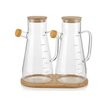 Bambu Standlı 2'li Cam Yağlık Sirkelik Seti 900 Ml Ölçekli Şeffaf