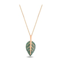 Çekirdekjewelry Yeşil Taşlı Yaprak Kolye 925 Ayar Gümüş Rose Kaplama Zarif Kadın Kolyesi Pembe