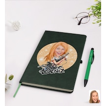 Kişiye Özel Kadın Kuaför Karikatürlü Yeşil Termo Deri Defter Kale N11.2953