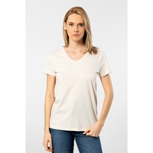 Wtshirt - Venice Kısa Kollu V Yaka Kadın T-shirt Ekru 001