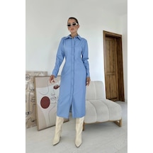 Mavi Boydan Düğmeli Deri Elbise Mavi