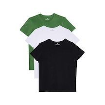 Tudors Unisex 3'lü Paket Siyah-beyaz-yeşil Slim Fit Dar Kesim %100 Pamuk Bisiklet Yaka Tişört-34774 Multi