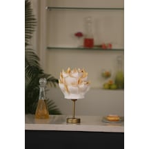 Gold Detay Eva Gül Tasarım Kablosuz Pilli Masa Lambası - Alt Uzun Eskitme Gold Eskitme Gold