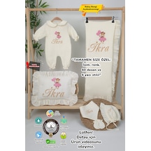 Gros Shop Müslin Yeni Doğan 4katlı Organik %100pamuk Kişiye Özgü Nakışlı Hastane Çıkış Seti Ayıcık Model-5 Ekru-1