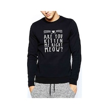 Are You Kitten Me Meow Baskılı Siyah Erkek Örme Sweatshirt