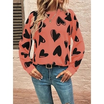 Kadın Uzun Kollu Bisiklet Yaka Kalp Desenli Iki Iplik Bluz Turuncu