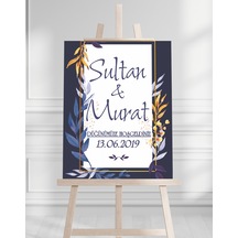 Söz Nişan Düğün İçin 50x70 Karşılama Panosu - Mavi Renk Çiçek Temalı 06 Beyaz