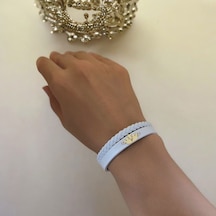 Archin P Harfine Özel Taç Motifli 14 Ayar Altın Plakalı Hakiki Beyaz Derili Hediye Bileklik-645harf P
