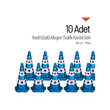 10 Adet Kedi Gözlü Mavi Altıgen Trafik Konisi 65 Cm Trafik Dubası Seti-3538