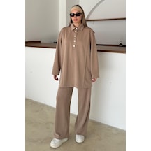 Olcay Gömlek Yaka Premium Örme Kumaş Tunik Pantolon Takım Kamel 9374-tk