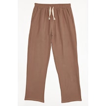 Tudors Erkek Baggy Fit Geniş Kesim %100 Pamuk Beli Lastikli Yandan Cepli Müslin Bej Düz Pantolon-46264 Bej