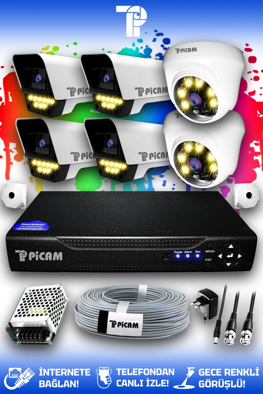 Picam 6 Kameralı Süper 2 İç Kamera Set HDD'siz 5 MP 2K Net Renkli Gece Görüşlü Güvenlik Kamerası Sistemi