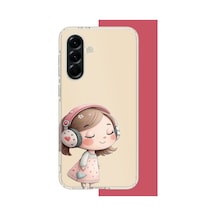 Samsung Galaxy A56 Uyumlu Pembe Kulaklıklı Kız.jpeg Baskılı Silikon Kılıf Renkli