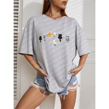 Uyguntarz Unisex Yaramaz Kediler Baskılı Tasarım Tshirt Gri