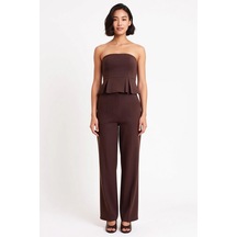 Benerly Kadın Büyük Beden Straplez Peplum Bluz Düz Paça Pantolon Takımı P Kahverengi