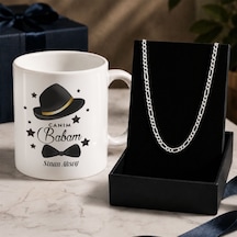 Bk Gift Kişiye Özel Babalar Günü Tasarımlı Beyaz Kupa & Figaro Zincir Kolye -4, Babalar Günü Hediyesi Gümüş