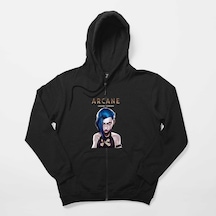 Arcane Lol Siyah Fermuarlı Kapşonlu Sweatshirt