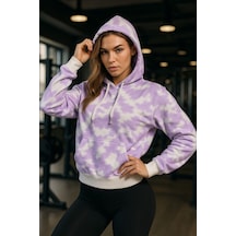 Kadın Batik Desen Renkli Oversize Relaxed Uzun Kollu Kapüşonlu Sweatshirt Pudra