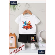 Ss Sinser Çocuk Unısex Tom Ve Jerry Arabada Kalplı Özel Baskılı Bisiklet Yaka Tişört - Şort Alt - Üst Çocuk Takım Renk:beyaz/sıyah