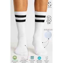 Socketta Erkek Spor Dikişsiz Havlu Taban 3'lü Beyaz Çizgili Premium Tenis Soket Çorap K.beyaz