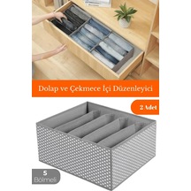 2 Adet - 5 Bölmeli Dolap Ve Çekmece Içi Düzenleyici Saklama Kutusu Organizer - Gri Benekli Kumaş 35 Diğer
