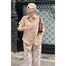 Madmext Bej Uzun Kollu Oversize Gömlek Mg2003-bej Bej