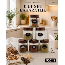 6'lı Etiketli Çizgili Cam Kavanoz Baharatlık Seti Plastik Contalı Hava Almaz Kapaklı Baharatlık Saklama Kabı 6 X 500 Ml Şeffaf