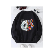 Tarzsokak Siyah Oversize Panda Baskılı Pamuklu 0 Yaka Kapşonsuz Unisex Sweatshirt