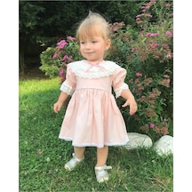 Dantel Yaka Detaylı Pembe Kız Çocuk Bebek Elbise 001