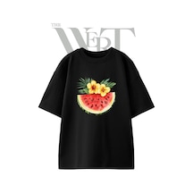 Thewert Karpuz Cicek Tasarım Baskılı Ünisex Siyah Oversize T-shirt