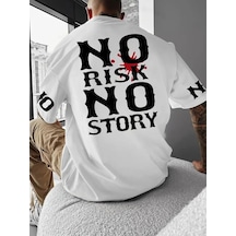 Erkek T-shirt No Risk No Story Baskılı Bisiklet Yaka Tişört - Beyaz