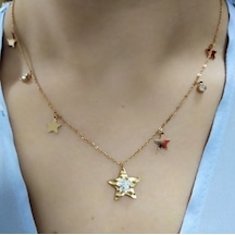 Yıldız Figürlü Rose Renkli Çelik  Kolye Kırmızı