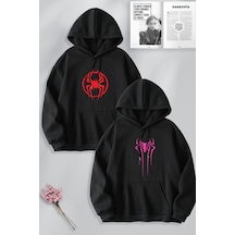 Macklin Sevgili Çift Kombin Spider Man Ve Spider Girl Logo Baskılı Kapüşonlu Sweatshirt 2li Takım Siyah Mck1457 Siyah