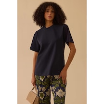 Seçil Kadın Tropik Desen Yuvarlak Yaka T-shirt 0003 Lacivert
