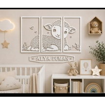 Kişiye Özel Kuzulu Çocuk Odası Dekoru 3 Parça Mdf Tablo İsimlik 105x25 CM Beyaz