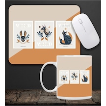Baskılı Kupa & Bej Ve Turuncu Renk Geyik Ve Kedi Motifli Mouse Pad 23x19cm Fare Altlığı Kaydırmaz Ta Mousepad