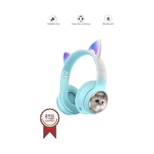 Hd11 Mavi Sevimli Kedi Karükatür Kulak Led Işıklı 5.3 Bluetooth Kulak Üstü Kulaklık