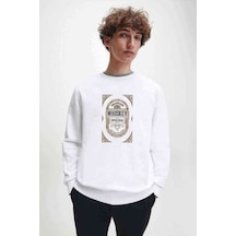 Gamblıng Money Whiskey Baskılı Beyaz Erkek Örme Sweatshirt