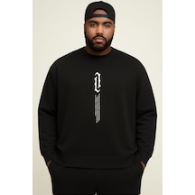 Benroma 3 İplik Penye Dik Yazı Baskılı Büyük Beden Unisex Sweatshırt Siyah