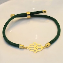 Ö Harfine Özel Koyu Yeşil İpek Örgülü Hamsa Figürlü 14 Ayar Altın Plakalı Hediye Bileklik-498harf Ö