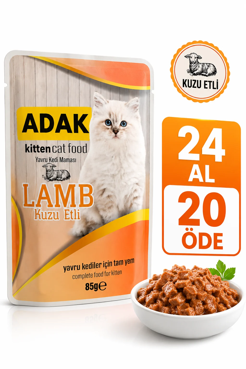 Adak Kitten Yavru Kedi Yaş Mama Pouch Kuzu Etli 85 Gr X 24 Adet 24 Al 20 Öde