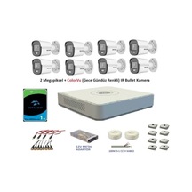 Hikvision 2 MP 8 Kameralı 1 TB Disk Dış ortam AHD HD-TVI ColorVu Gece Renkli Kamera Seti